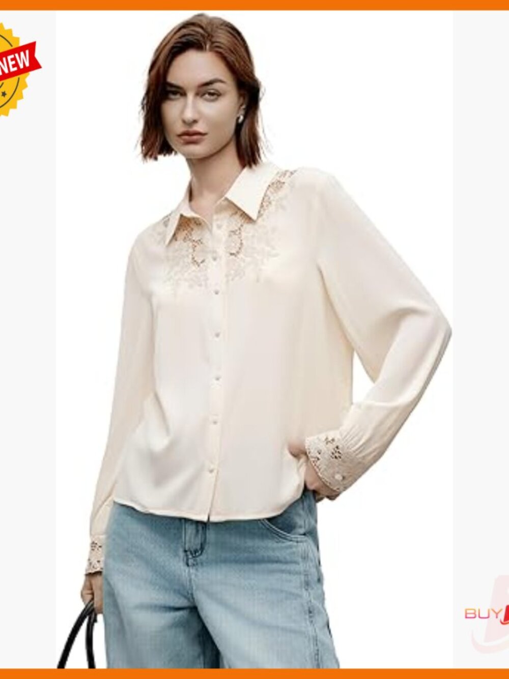 Silk Button-Down Blouse Long Sleeve Lace Hollow Out Business Casual